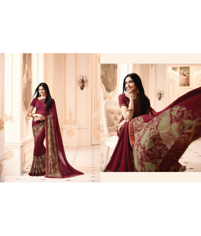     			Gazal Fashions Georgette Printed Saree With Blouse Piece - Maroon ( Pack of 1 )
