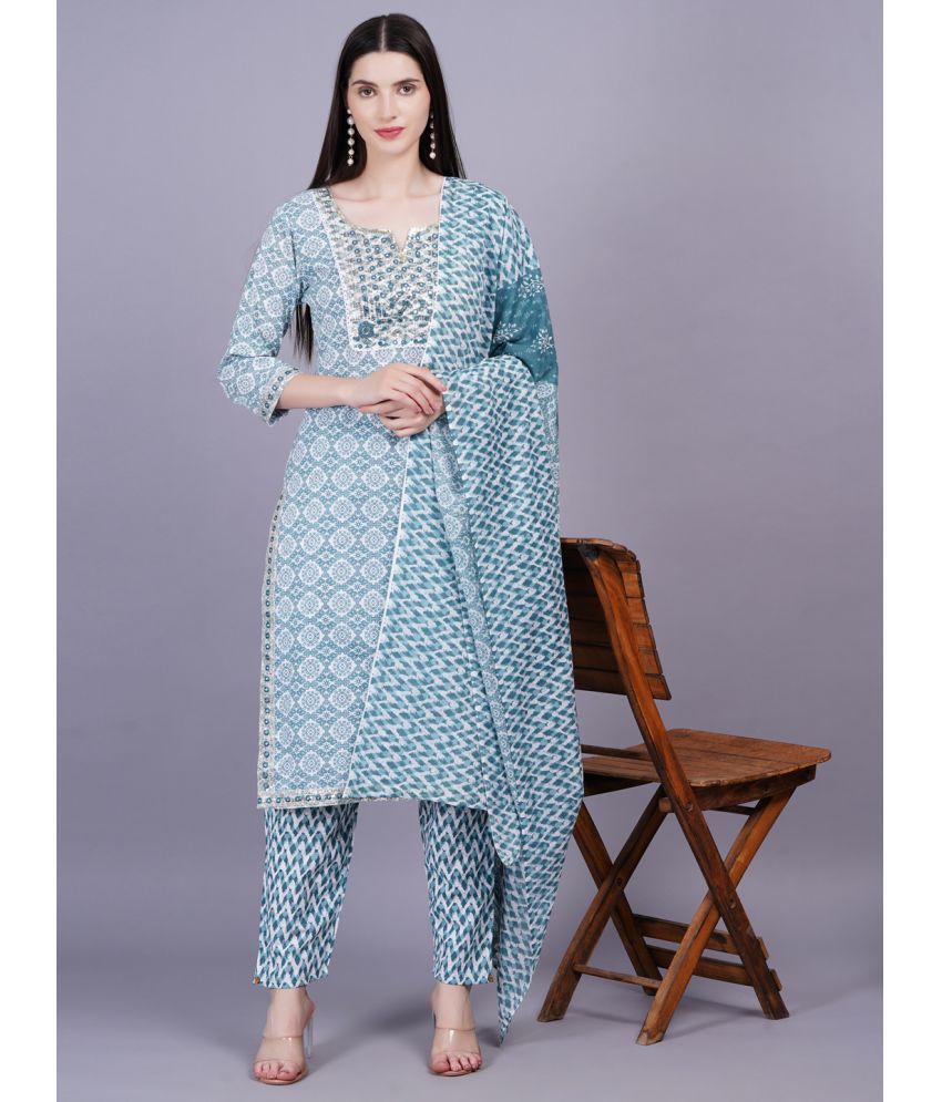     			JC4U Cotton Printed Kurti With Pants Women's Stitched Salwar Suit - Light Blue ( Pack of 1 )