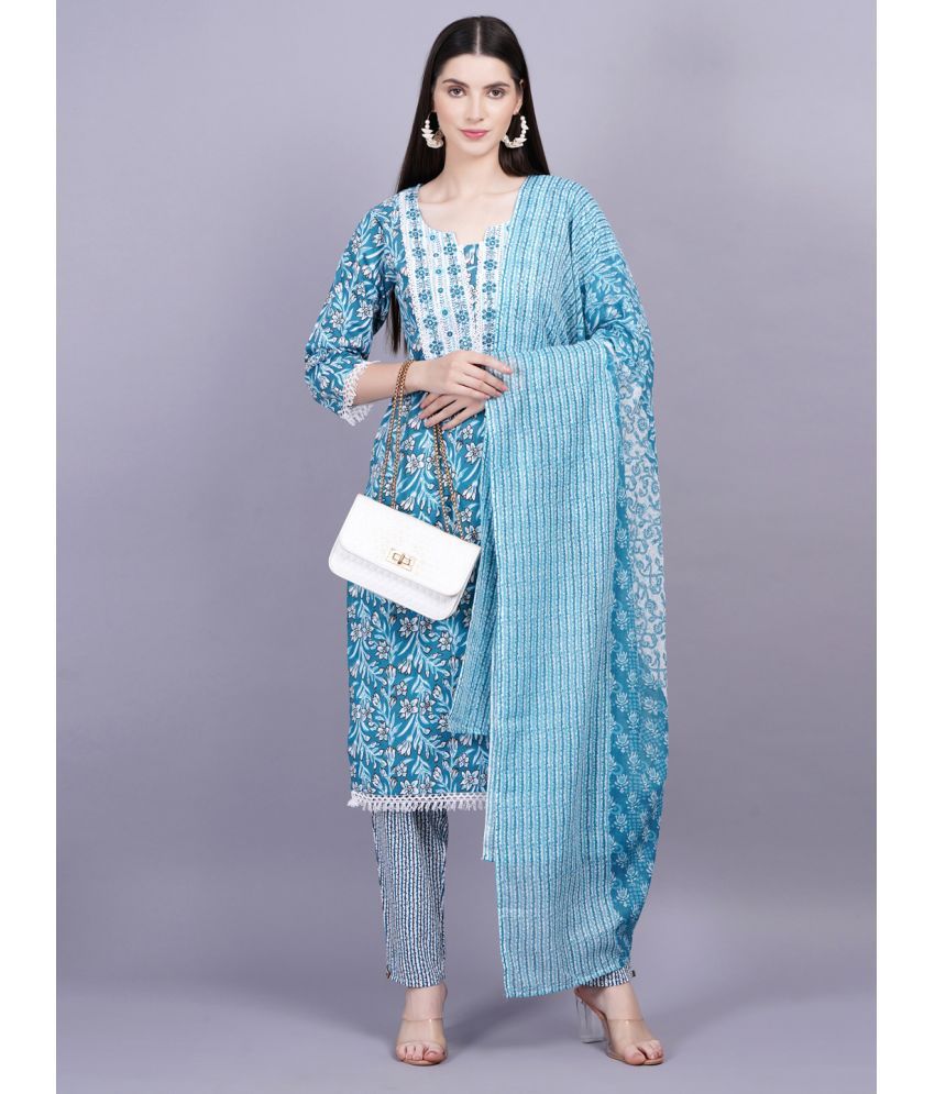     			JC4U Cotton Printed Kurti With Pants Women's Stitched Salwar Suit - Blue ( Pack of 1 )