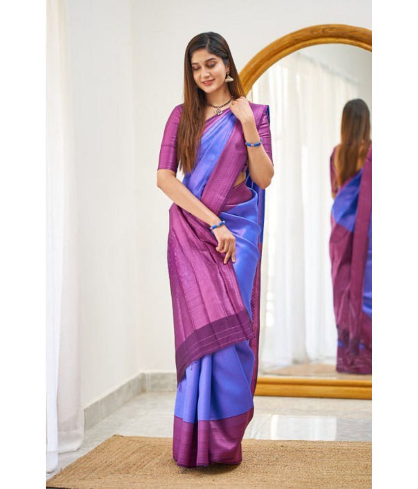     			JULEE Banarasi Silk Solid Saree With Blouse Piece - Purple ( Pack of 1 )