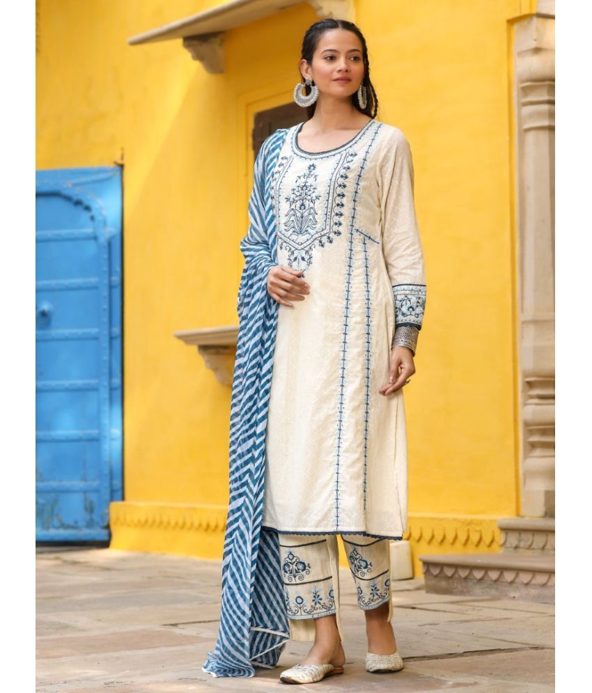     			Juniper Cotton Embroidered Kurti With Pants Women's Stitched Salwar Suit - White ( Pack of 1 )