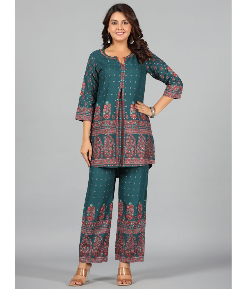     			Juniper Rayon Printed Kurti With Pants Women's Stitched Salwar Suit - Green ( Pack of 1 )