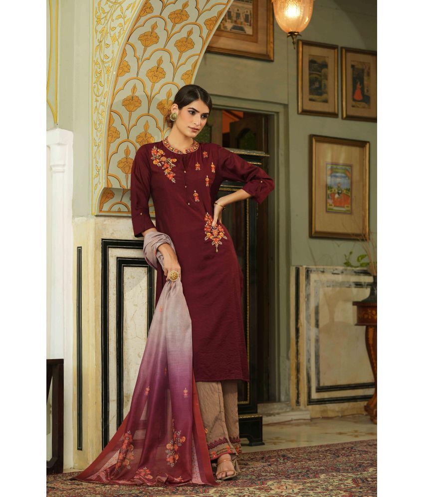     			Juniper Viscose Embroidered Kurti With Palazzo Women's Stitched Salwar Suit - Maroon ( Pack of 1 )