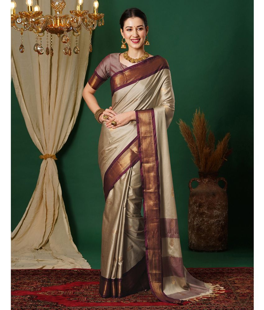     			Samah Silk Self Design Saree With Blouse Piece - Beige ( Pack of 1 )