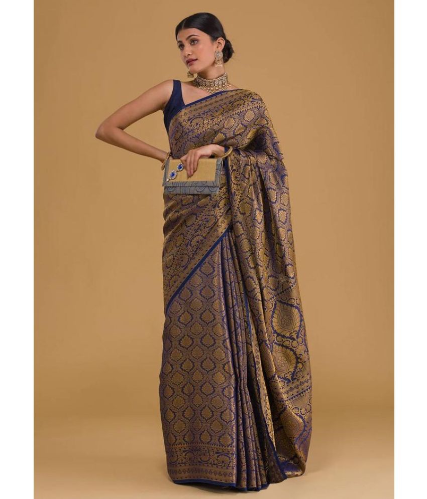     			YUG ART Banarasi Silk Woven Saree With Blouse Piece - Blue ( Pack of 1 )