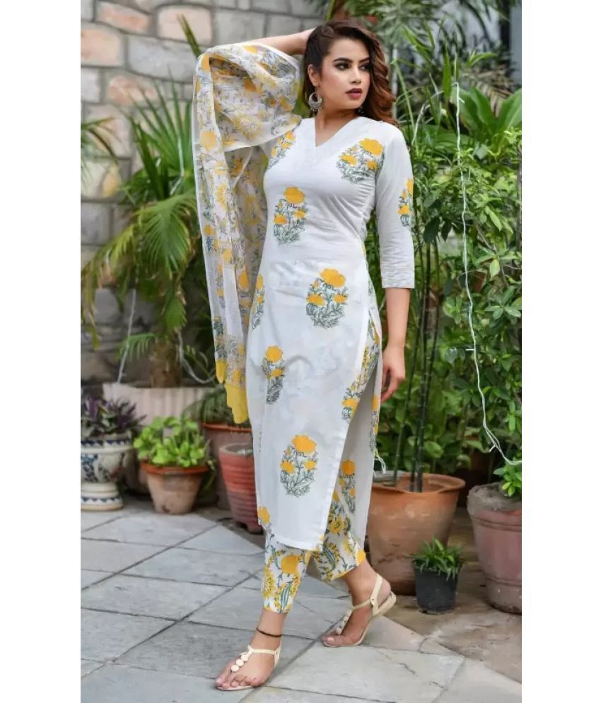     			kedar fab Cotton Blend Printed Kurti With Pants Women's Stitched Salwar Suit - Yellow ( Pack of 1 )