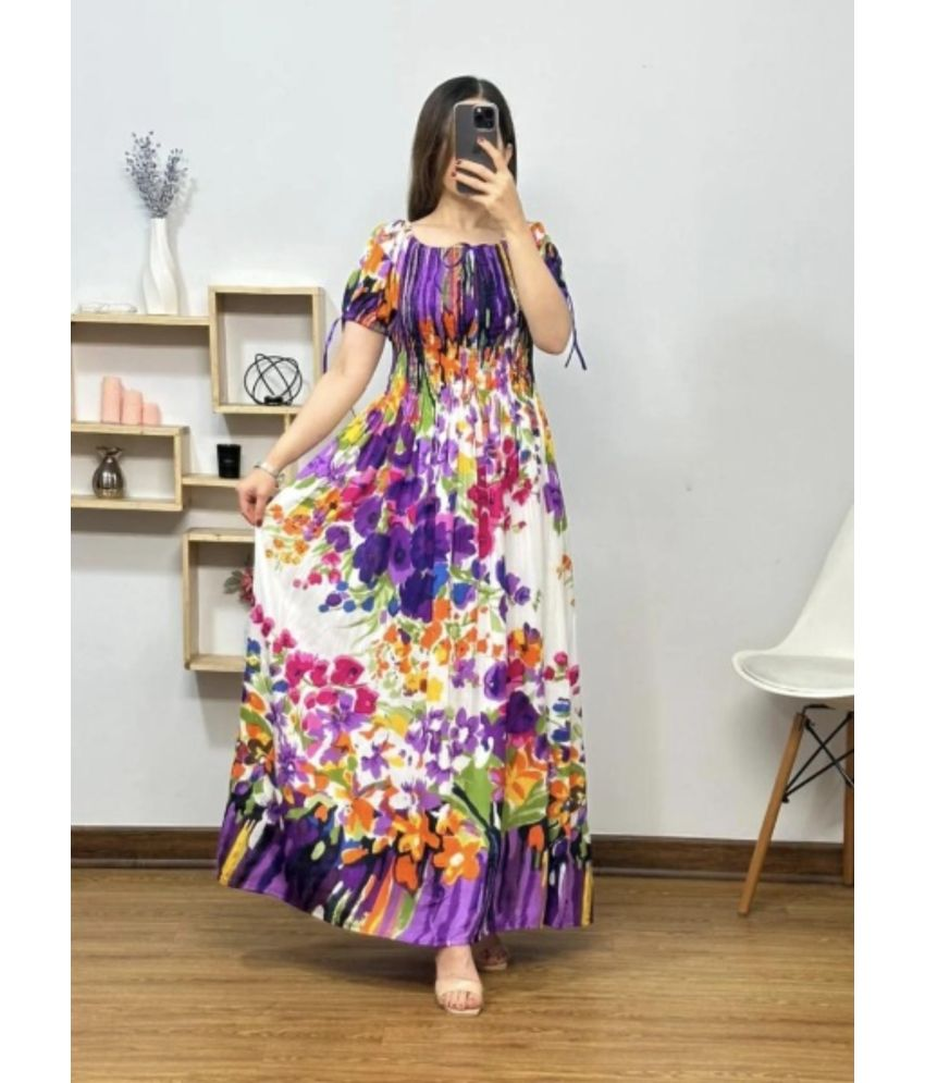     			COMFY ATTIRE Rayon Printed Full Length Women's Fit & Flare Dress - Purple ( Pack of 1 )