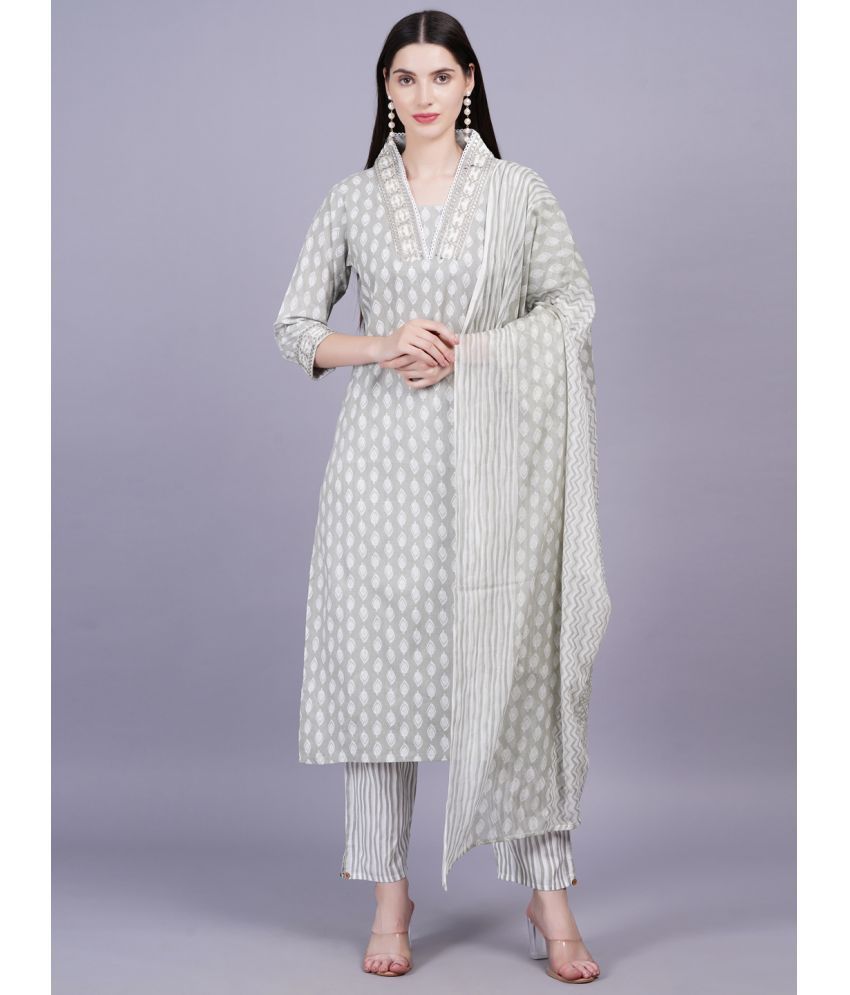     			HIGHLIGHT FASHION EXPORT Cotton Printed Kurti With Pants Women's Stitched Salwar Suit - Light Grey ( Pack of 1 )