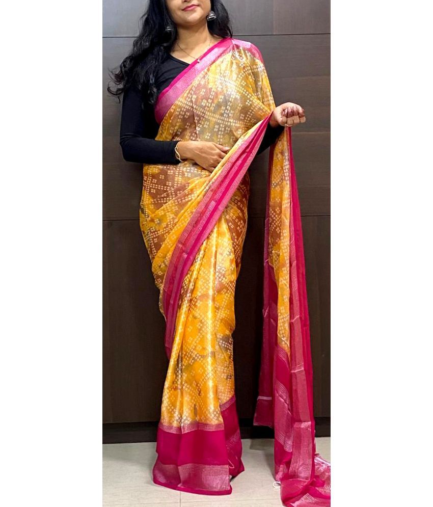     			NIKKARYA Chiffon Printed Saree With Blouse Piece - Yellow ( Pack of 1 )