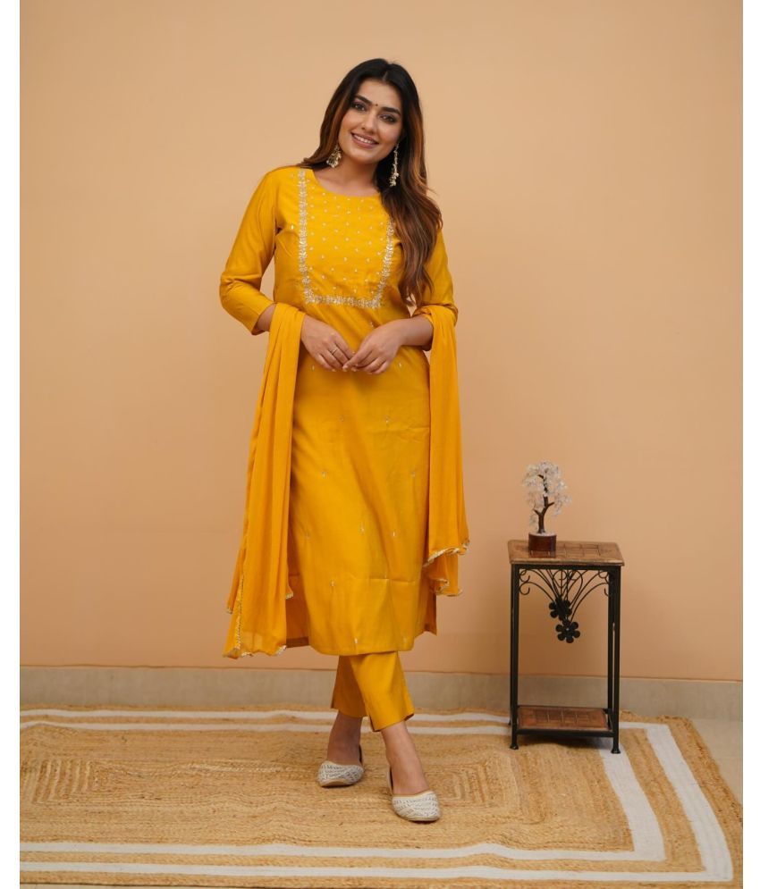     			SAREEKART FAB Rayon Embellished Kurti With Pants Women's Stitched Salwar Suit - Yellow ( Pack of 1 )