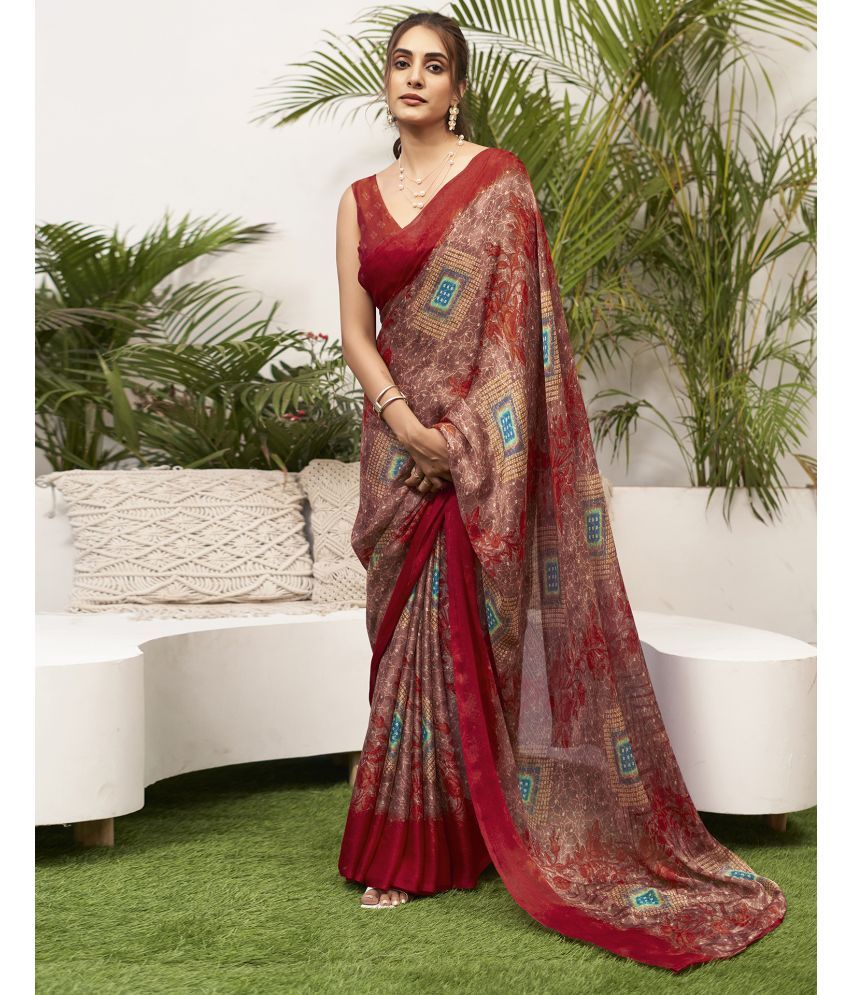     			Samah Chiffon Printed Saree With Blouse Piece - Red ( Pack of 1 )