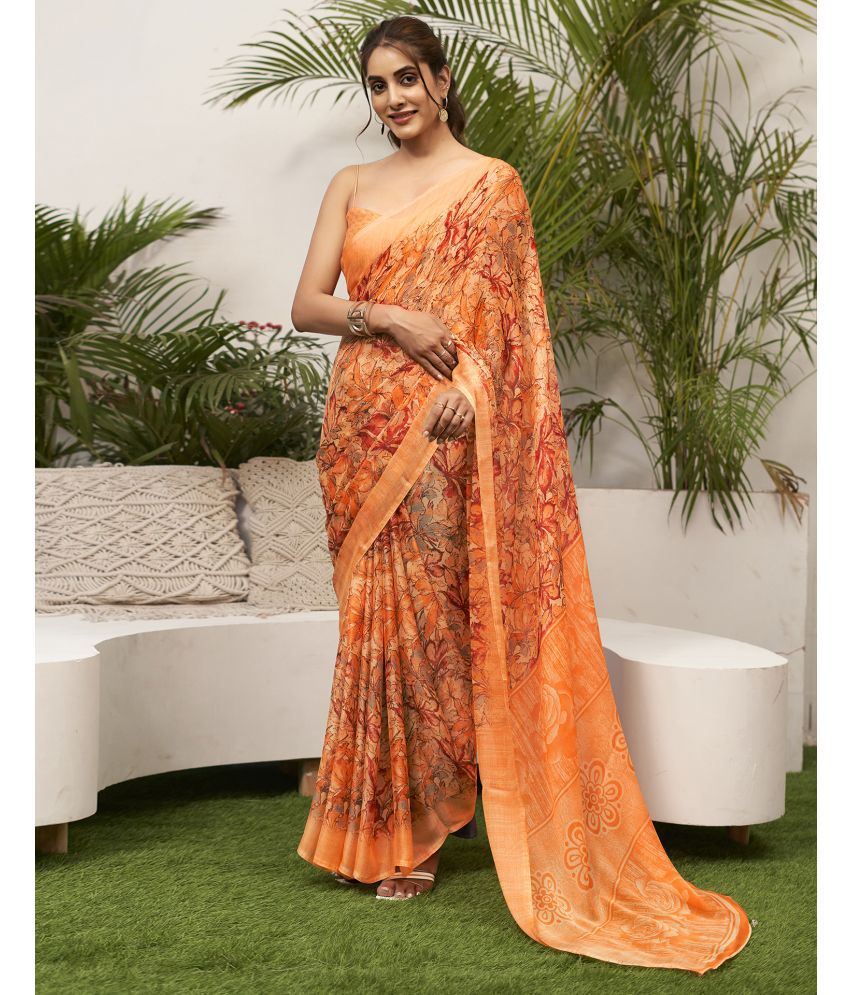     			Samah Chiffon Printed Saree With Blouse Piece - Orange ( Pack of 1 )