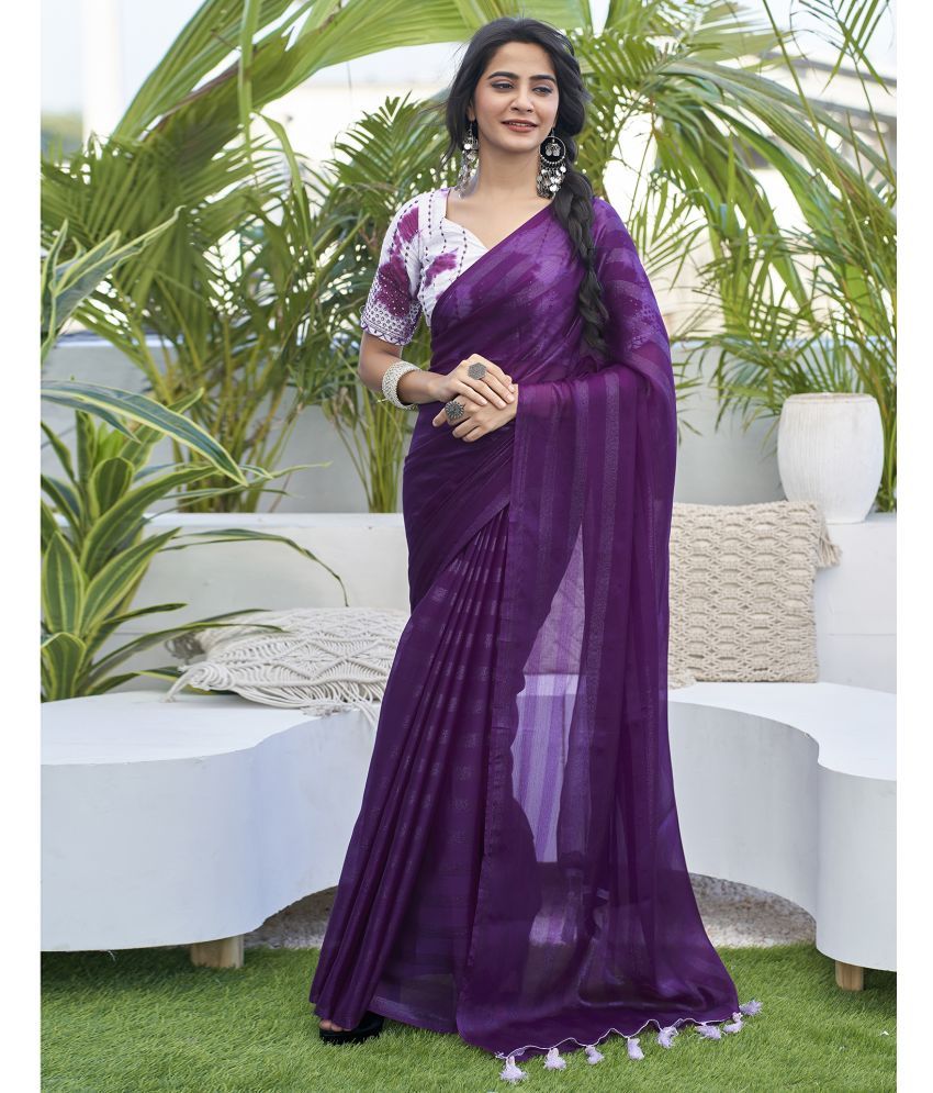     			Samah Chiffon Striped Saree With Blouse Piece - Purple ( Pack of 1 )