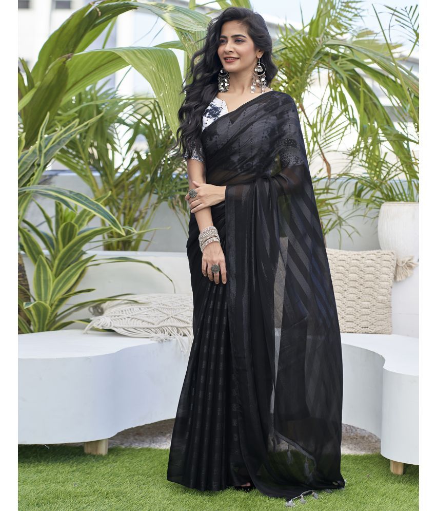     			Samah Chiffon Striped Saree With Blouse Piece - Black ( Pack of 1 )