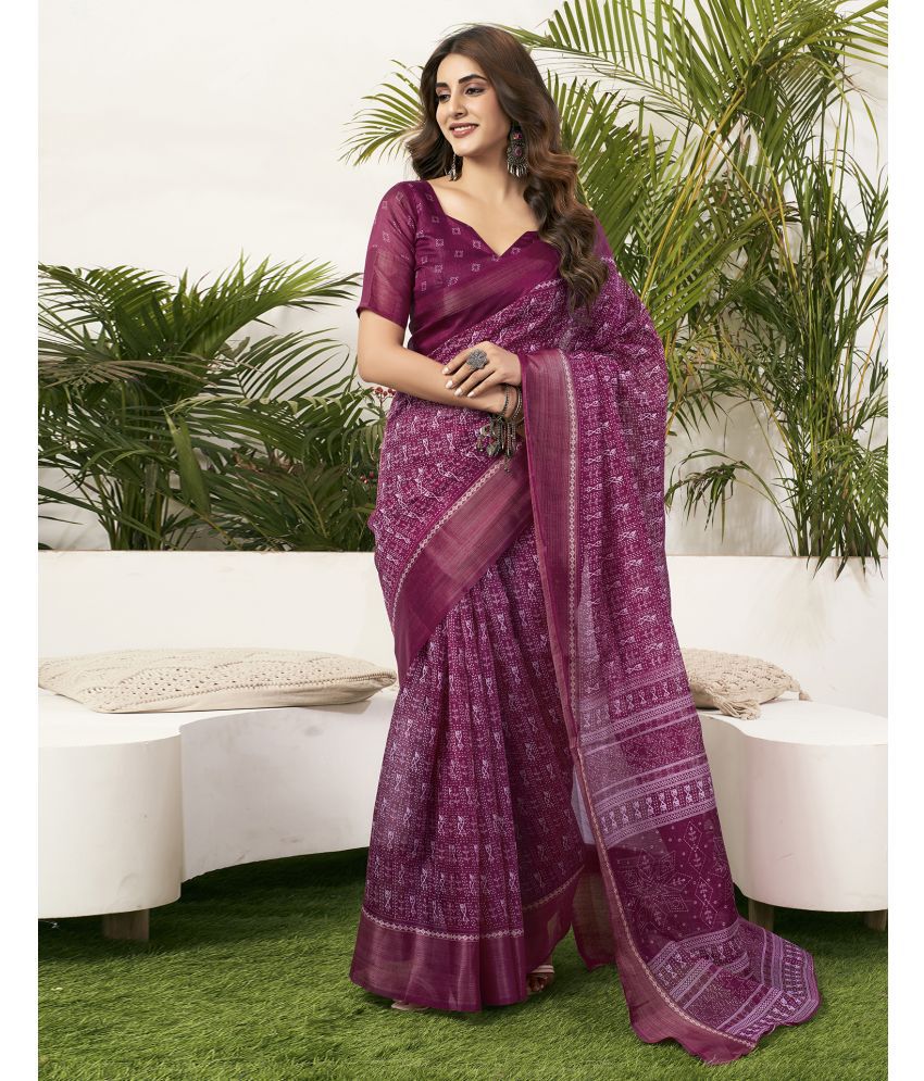     			Samah Cotton Blend Printed Saree With Blouse Piece - Wine ( Pack of 1 )