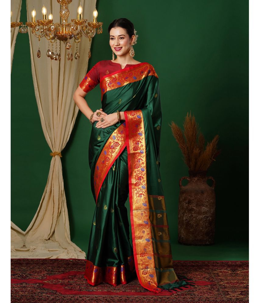     			Samah Silk Self Design Saree With Blouse Piece - Green ( Pack of 1 )