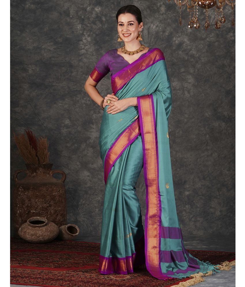     			Samah Silk Self Design Saree With Blouse Piece - Turquoise ( Pack of 1 )