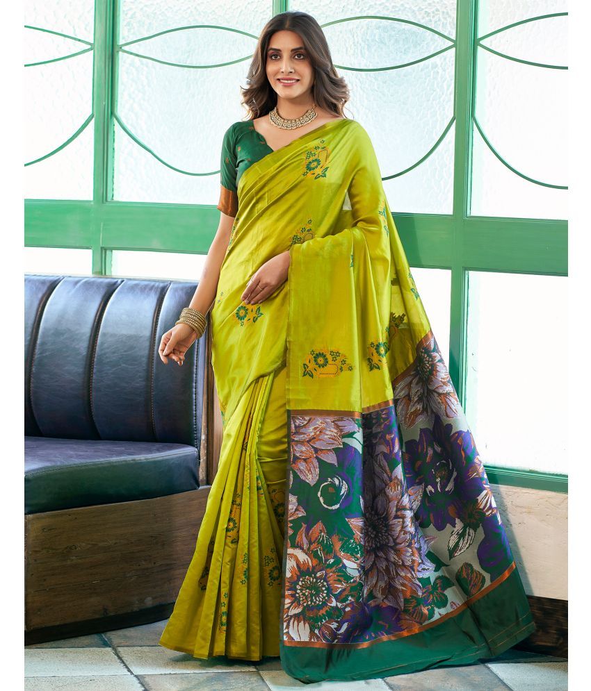     			Samah Silk Self Design Saree With Blouse Piece - Lime Green ( Pack of 1 )