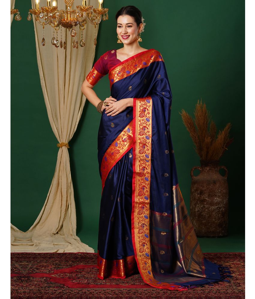     			Samah Silk Self Design Saree With Blouse Piece - Navy Blue ( Pack of 1 )