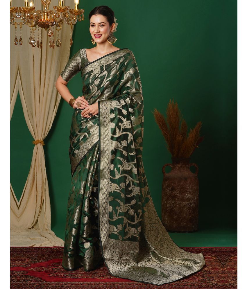     			Satrani Silk Blend Woven Saree With Blouse Piece - Green ( Pack of 1 )