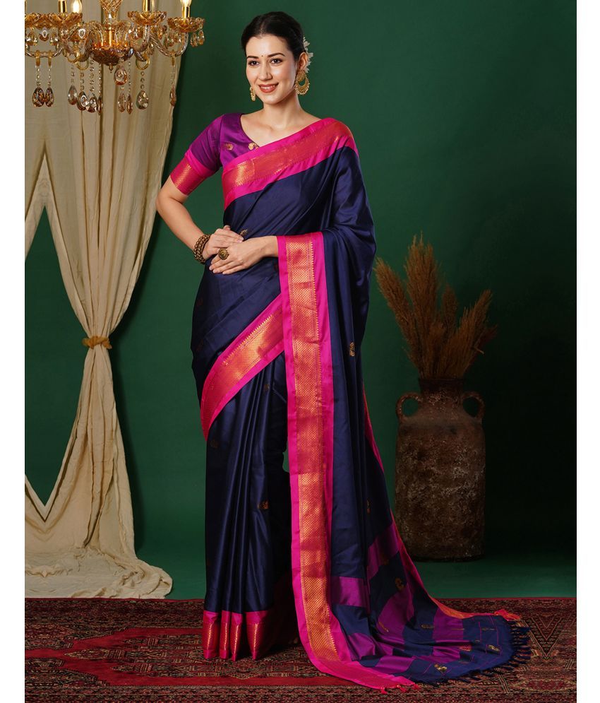     			Satrani Silk Self Design Saree With Blouse Piece - Navy Blue ( Pack of 1 )