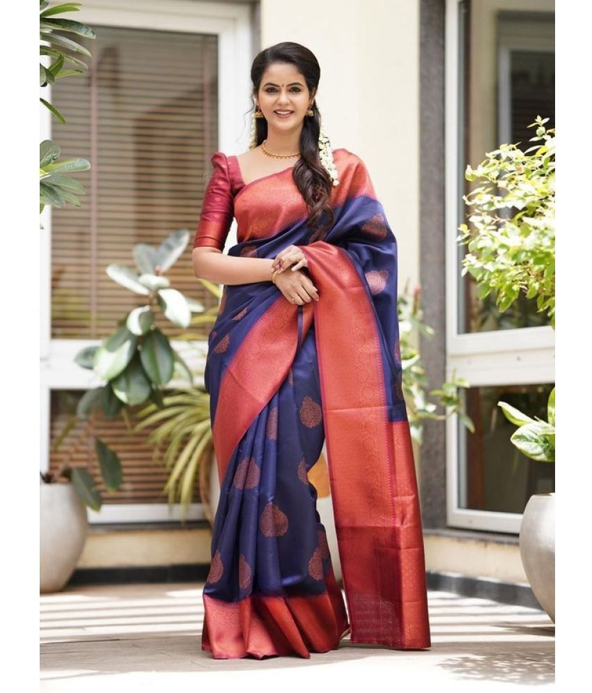     			YUG ART Banarasi Silk Embellished Saree With Blouse Piece - Navy Blue,Maroon ( Pack of 1 )