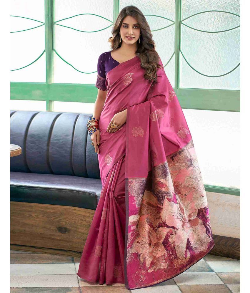     			YUG ART Banarasi Silk Self Design Saree With Blouse Piece - Pink ( Pack of 1 )