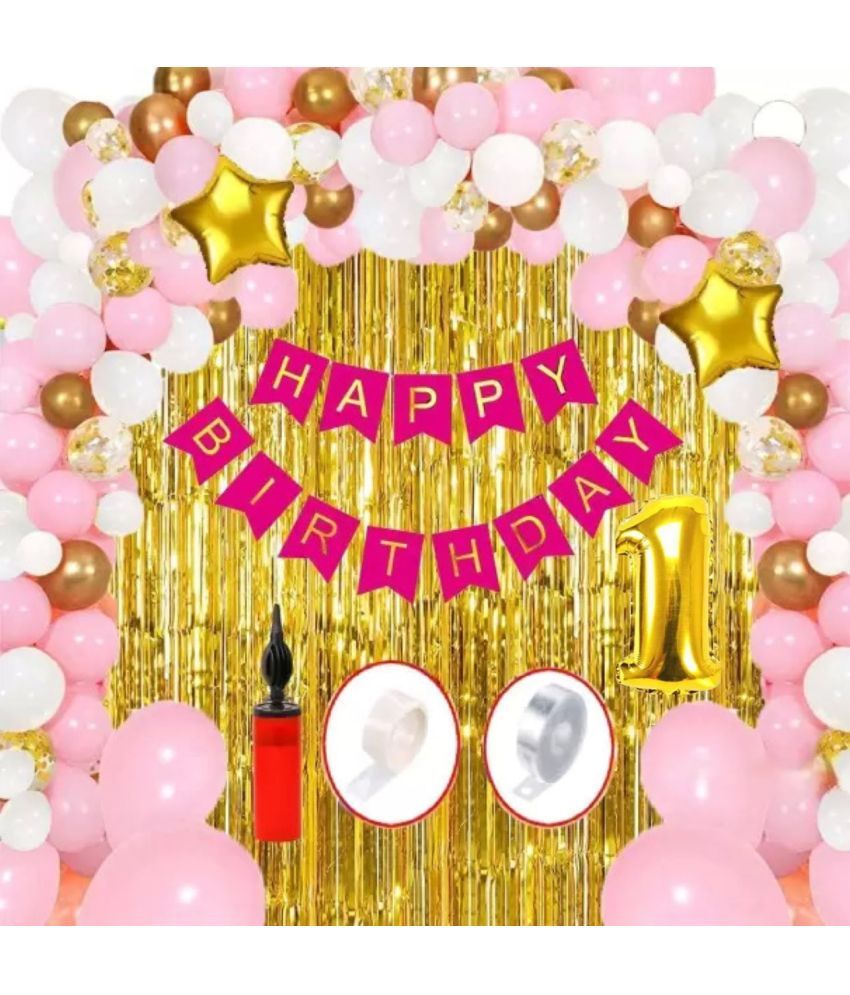     			KR 1ST / FIRST HAPPY BIRTHDAY PARTY ( CELEBRATION ) DECORATION WITH HAPPY BIRTHDAY PINK BANNER (13), 2 GOLD FOIL CURTAIN, 1 ARCH, 1 GLUE, 50 PINK WHITE GOLD BALLOON, 1 PUMP, 3 CONFETTI BALLOON, 2 GOLD STAR BALLOON, 1 NO. GOLD FOIL BALLOON