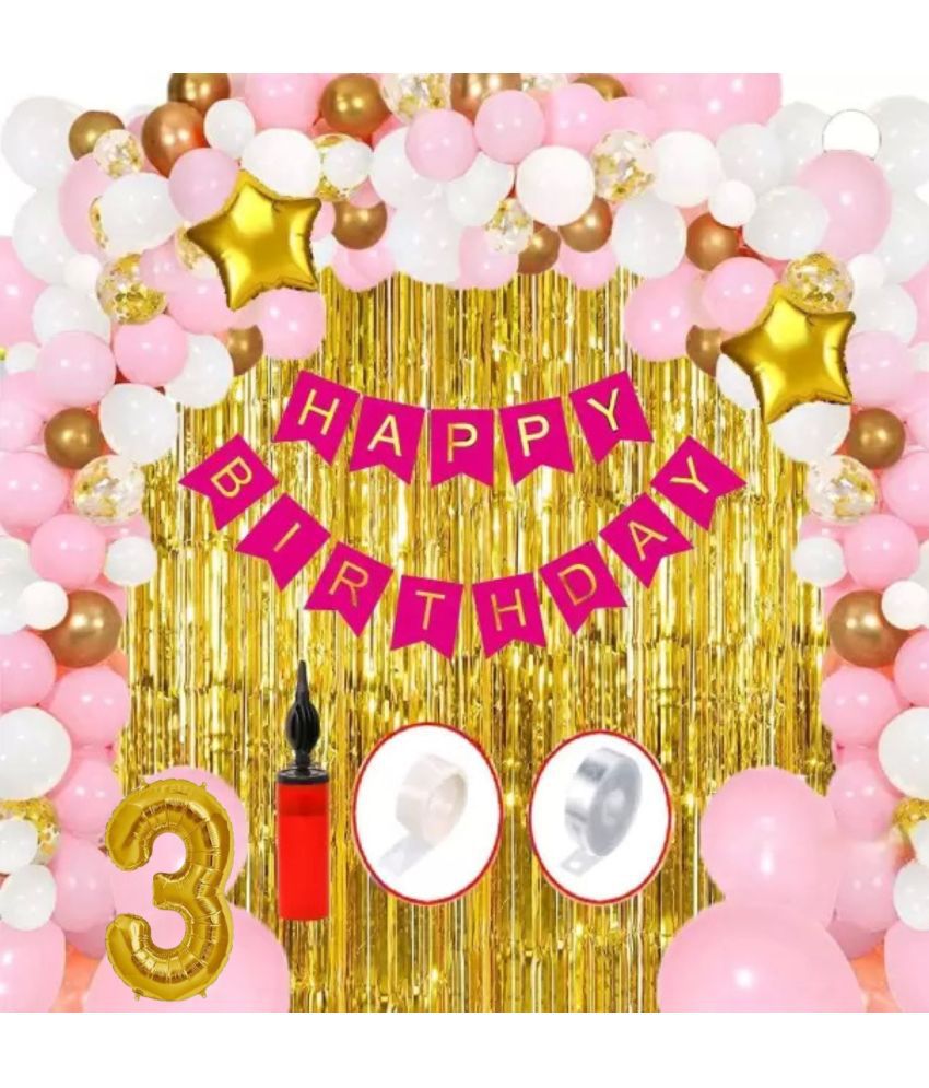     			KR 3RD / THIRD HAPPY BIRTHDAY PARTY ( CELEBRATION ) DECORATION WITH HAPPY BIRTHDAY PINK BANNER (13), 2 GOLD FOIL CURTAIN, 1 ARCH, 1 GLUE, 50 PINK WHITE GOLD BALLOON, 1 PUMP, 3 CONFETTI BALLOON, 2 GOLD STAR BALLOON, 3 NO. GOLD FOIL BALLOON