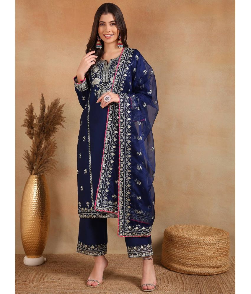     			Vaamsi Silk Blend Embroidered Kurti With Palazzo Women's Stitched Salwar Suit - Navy Blue ( Pack of 1 )