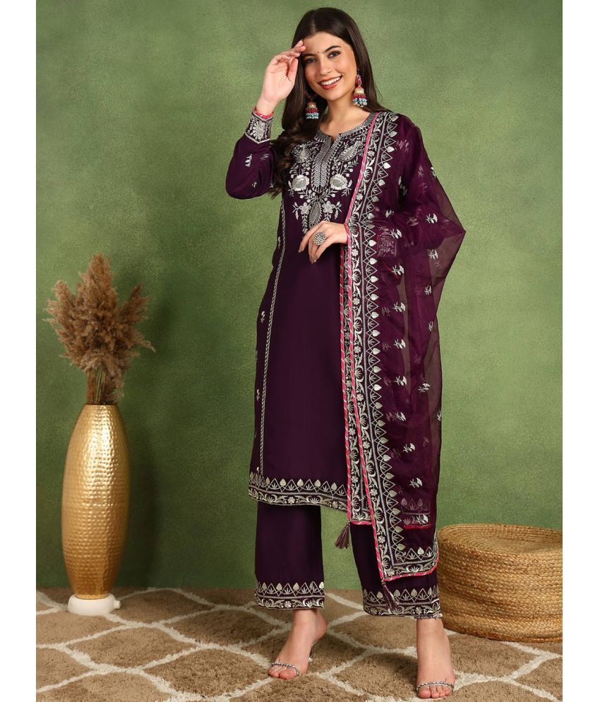     			Vaamsi Silk Blend Embroidered Kurti With Palazzo Women's Stitched Salwar Suit - Purple ( Pack of 1 )