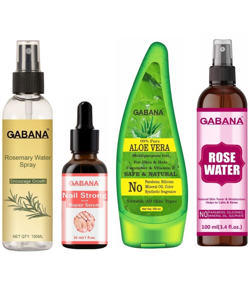     			Gabana Natural Rosemary Water | Hair Spray For Regrowth 100ml, Nail Strong and Repair Serum 30ml, Aloe Vera Face Gel 130ml & Natural Rose Water 100ml - Set of 4 Items