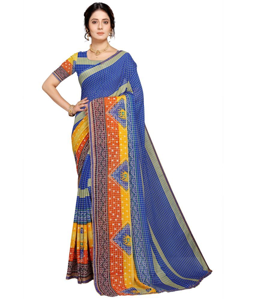     			Kanooda Prints Georgette Printed Saree With Blouse Piece - Blue ( Pack of 1 )