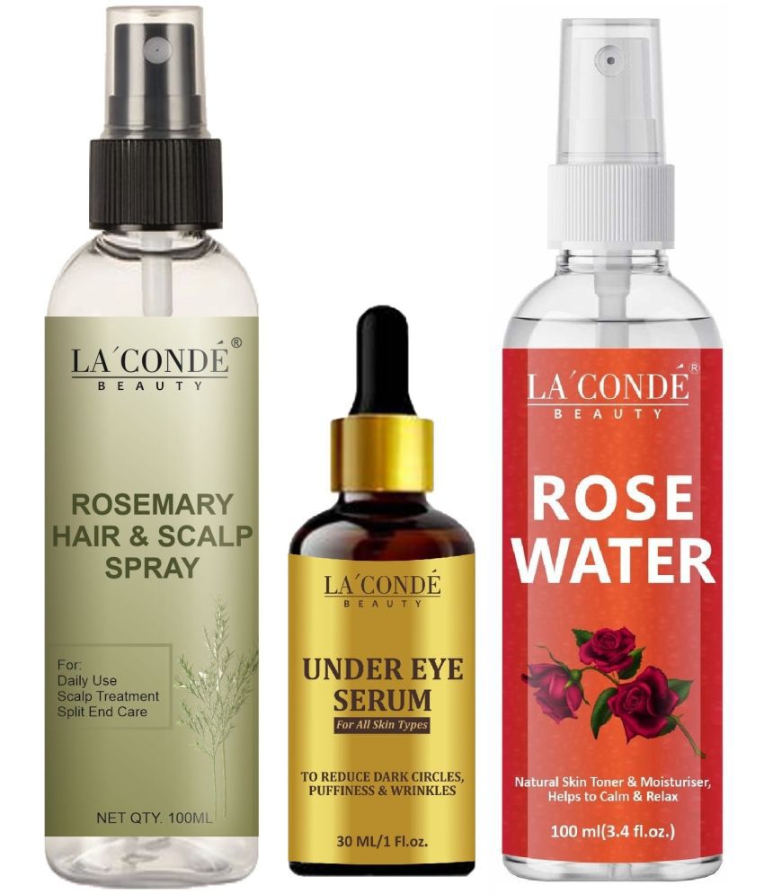     			LaConde Beauty Natural Rosemary Water | Hair Spray For Regrowth 100ml, Under Eye Serum for Dark Circle 30ml & Natural Rose Water 100ml - Set of 3 Items