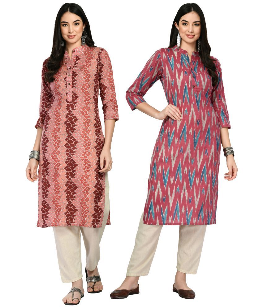     			MAURYA Cotton Printed Straight Women's Kurti - Pink ( Pack of 2 )