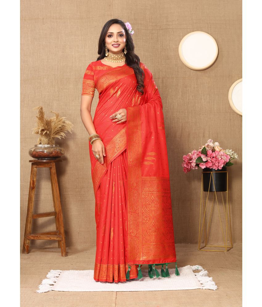     			OFLINE SELCTION , INDIA Silk Blend Self Design Saree With Blouse Piece - Orange ( Pack of 1 )