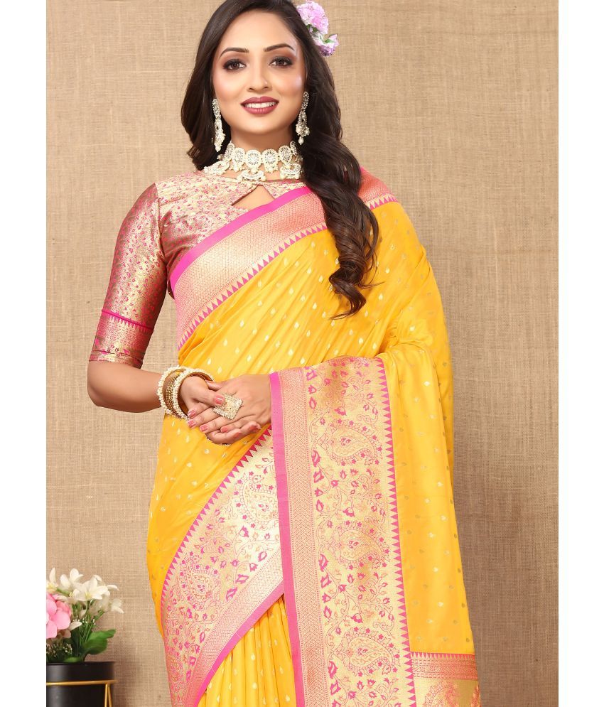     			OFLINE SELCTION Silk Blend Self Design Saree With Blouse Piece - Yellow ( Pack of 1 )