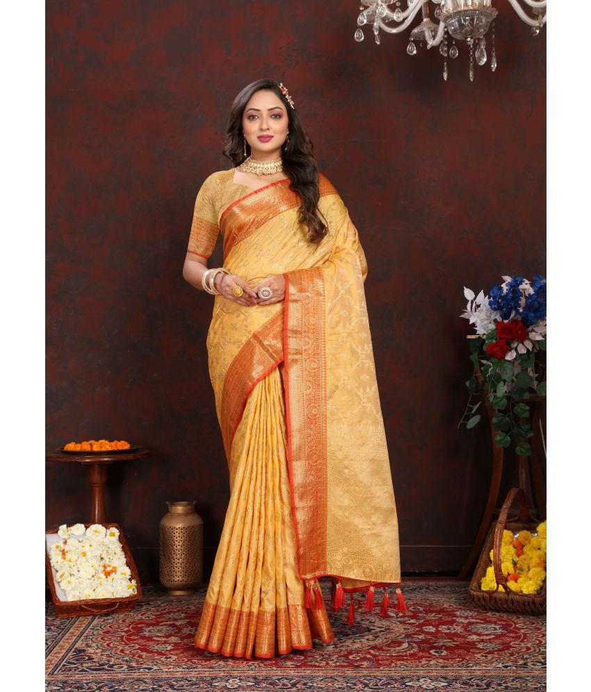     			OFLINE SELCTION Silk Blend Woven Saree With Blouse Piece - Yellow ( Pack of 1 )