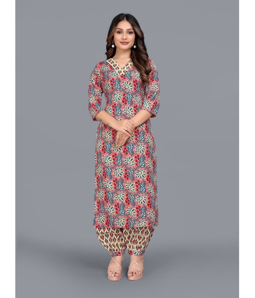     			Parnavi Cotton Printed Kurti With Dhoti Pants Women's Stitched Salwar Suit - Peach ( Pack of 1 )