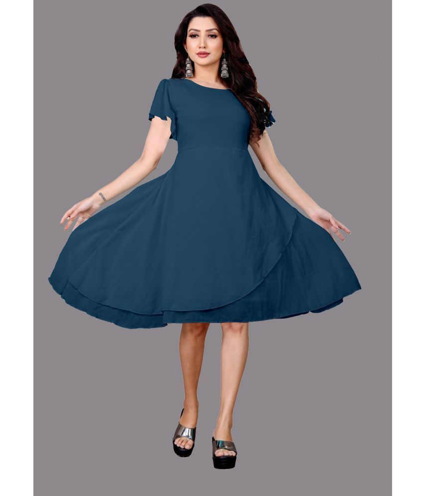     			RAIYANI FASHION Georgette Solid Knee Length Women's Fit & Flare Dress - Blue ( Pack of 1 )