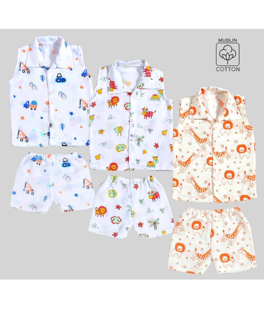     			Sathiyas White Cotton Baby Boy Top & Trouser ( Pack of 3 )