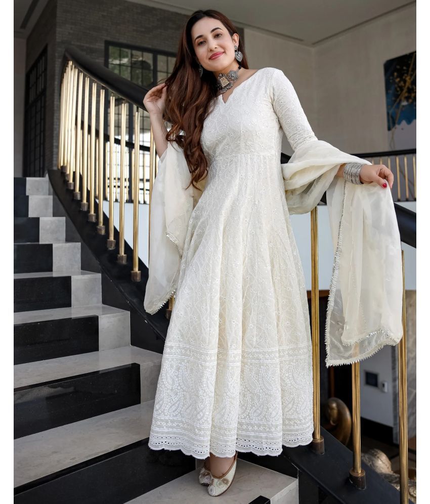     			Trijal Fab White Anarkali Rayon Women's Stitched Ethnic Gown ( Pack of 1 )