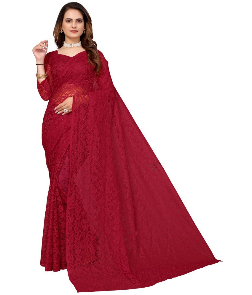     			Vkaran Net Cut Outs Saree With Blouse Piece - Maroon ( Pack of 1 )