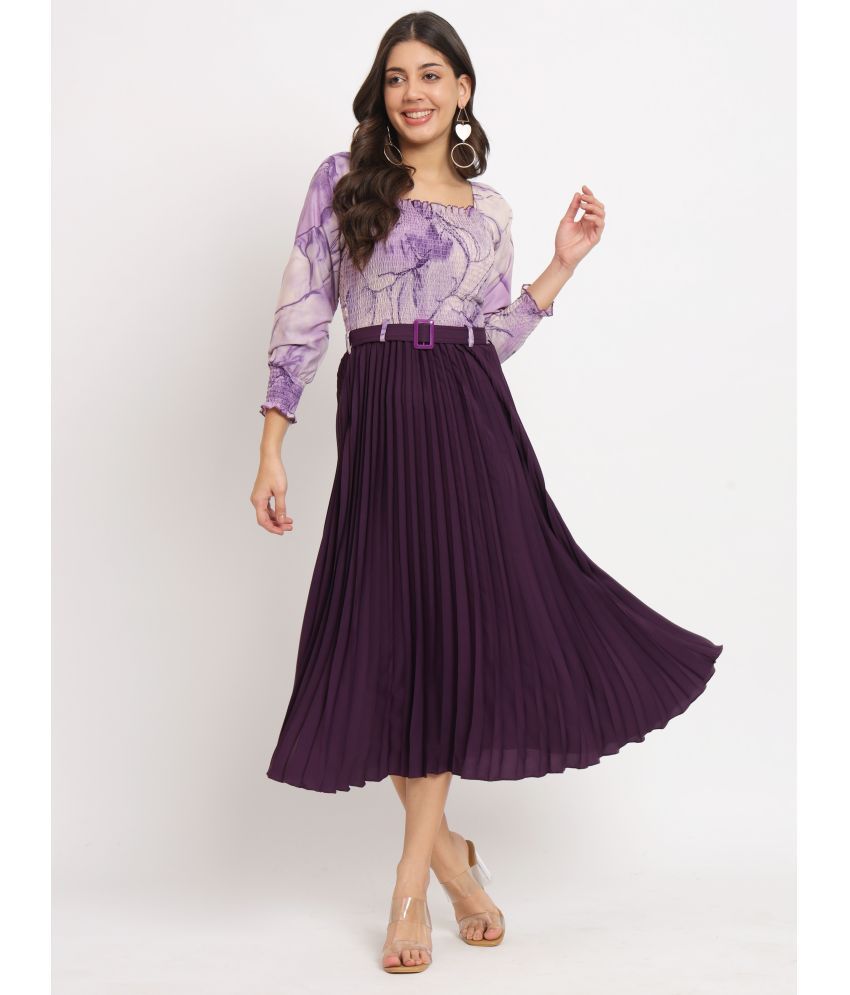     			ZWERLON Crepe Printed Midi Women's Fit & Flare Dress - Purple ( Pack of 1 )