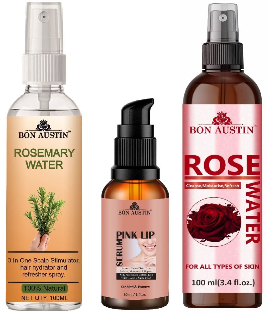     			Bon Austin Natural Rosemary Water | Hair Spray For Regrowth (100ml), Pink Lip Serum 30ML & Natural Rose Water 100ml - Set of 3 Items