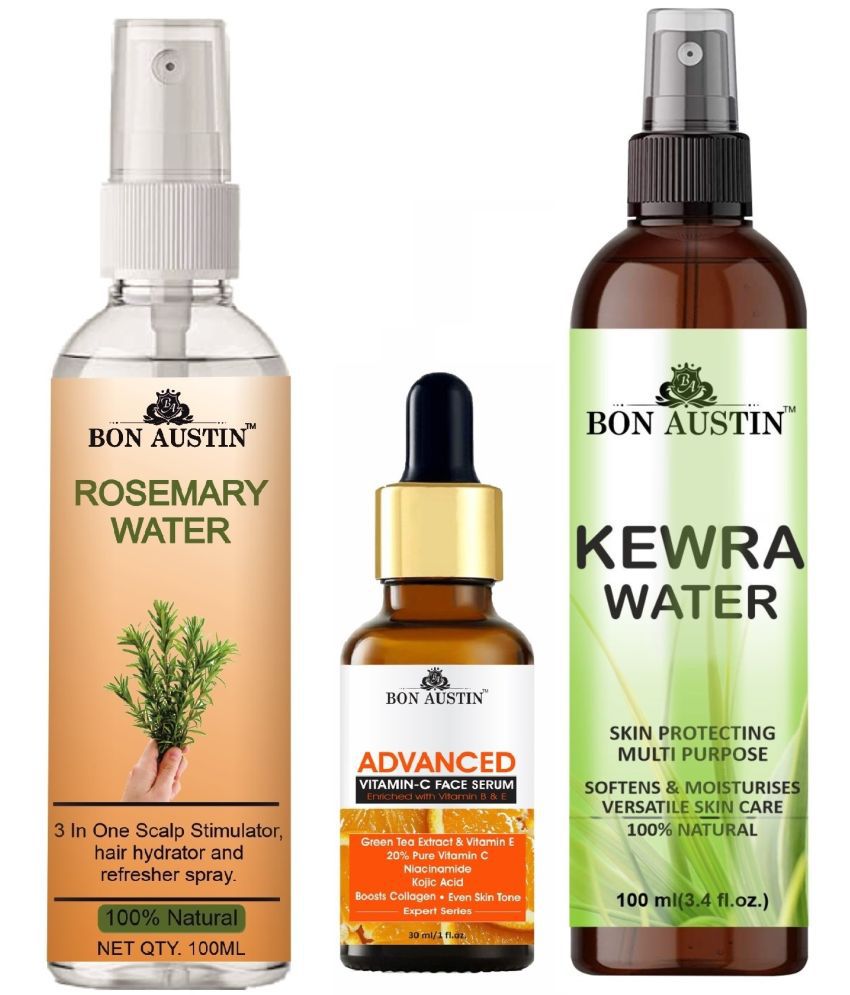     			Bon Austin Natural Rosemary Water | Hair Spray For Regrowth (100ml), Advance Vitamin C Face Serum 30ML & Natural Kewra Water 100ml - Set of 3 Items