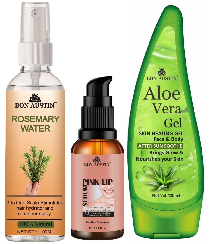     			Bon Austin Natural Rosemary Water | Hair Spray For Regrowth | Hair Growth Expert (100ml), Pink Lip Serum 30ML & Aloe Vera Face Gel 130ML - Set of 3 Items