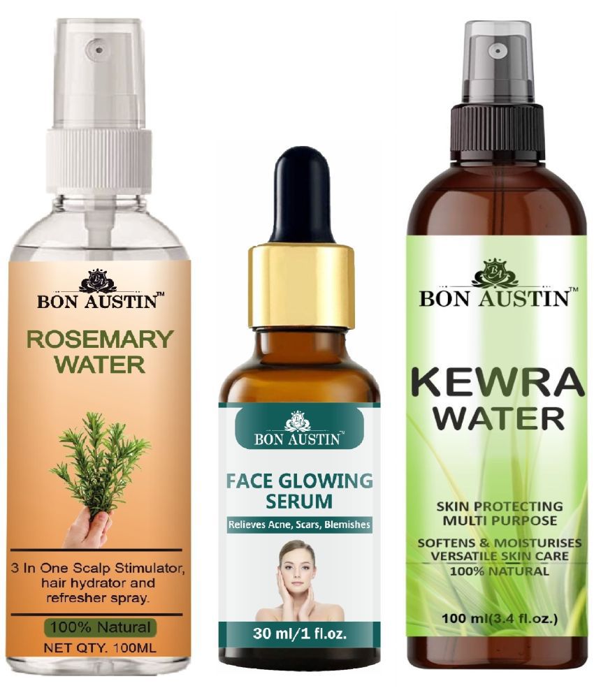     			Bon Austin Natural Rosemary Water | Hair Spray For Regrowth (100ml), Face Glowing Serum 30ML & Natural Kewra Water 100ml - Set of 3 Items