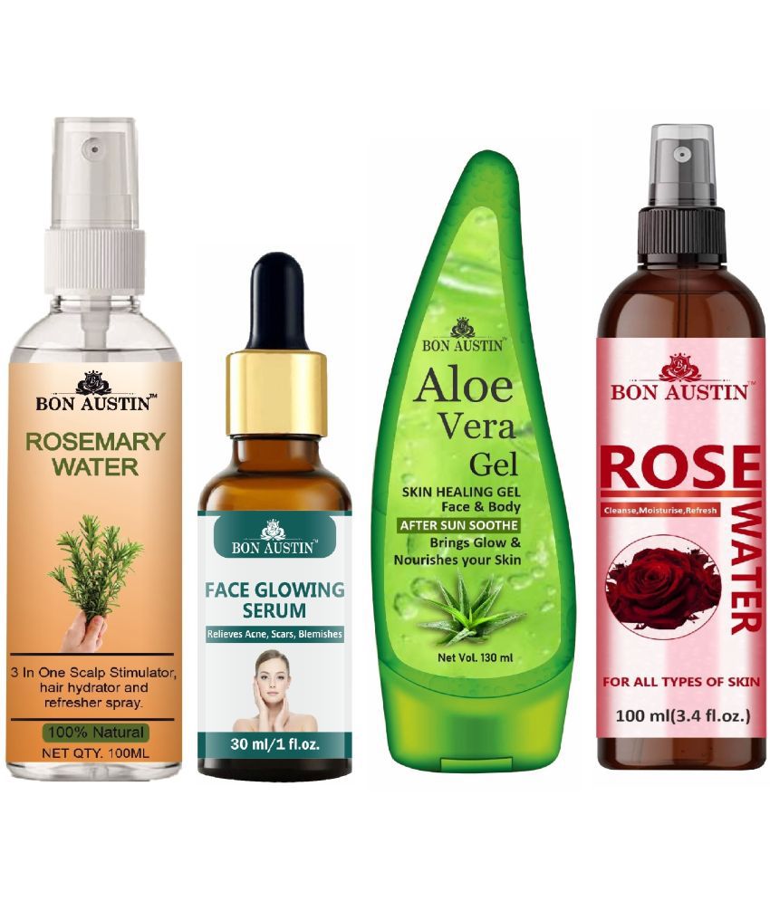     			Bon Austin Rosemary Water Hair Spray For Regrowth (100ml), Face Glowing Serum 30ML, Aloe Vera Face Gel 130ML & Natural Rose Water 100ml - Set of 4 Items