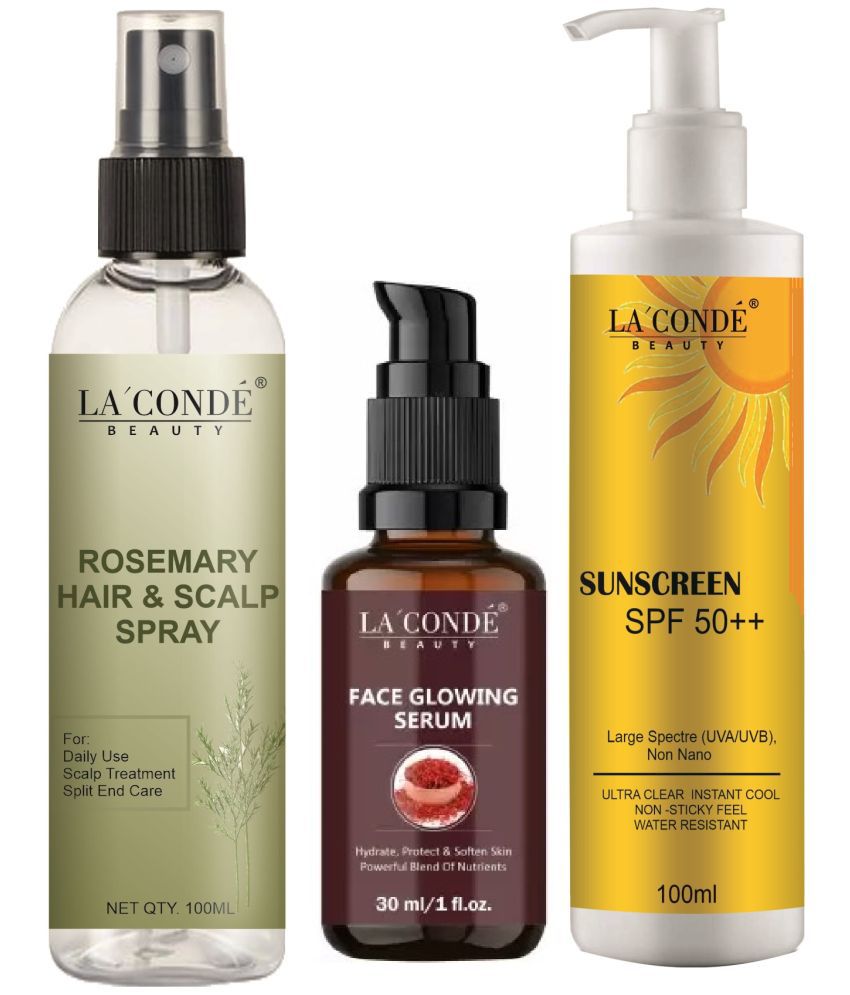    			La'Conde Beauty Rosemary Water | Hair Spray For Regrowth 100ml, Natural Face Glowing Serum 30ml & Sunscreen Cream with SPF50+ 100ml - Combo of 3